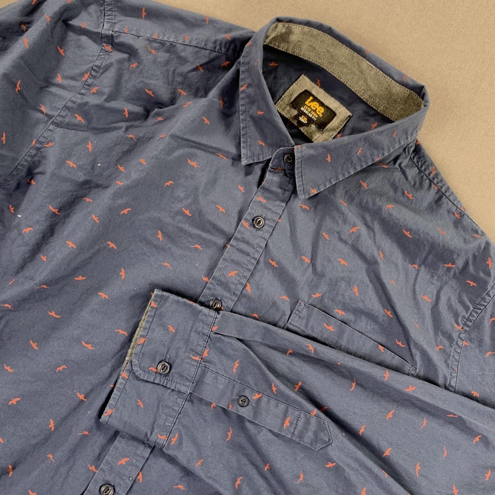 Lee Shirt Mens 2XL Blue Button Up Long Sleeve Regular Fit Allover Bird Print AOP